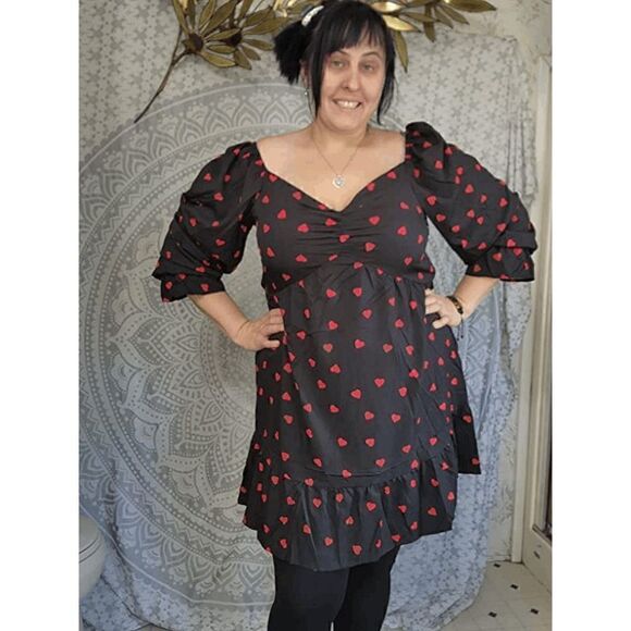 ❤ Plus Size Valentine’s Day Long Sleeve Heart Print Black Dress NWT - Picture 14 of 16